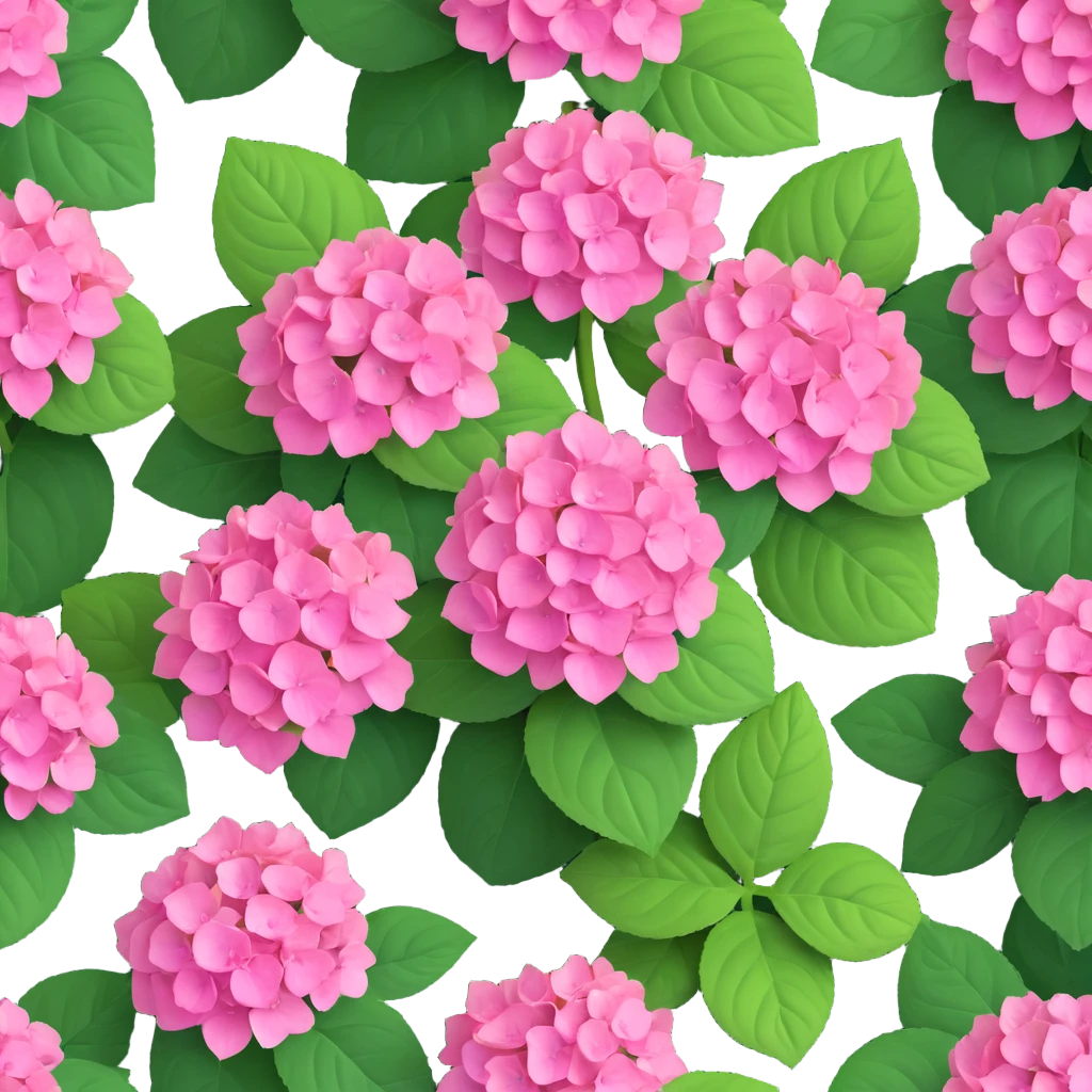 pink hydrangea flower with green leaves, iOS 3D style, detailed and realistic yet stylized, rounded petals, lush foliage emoji