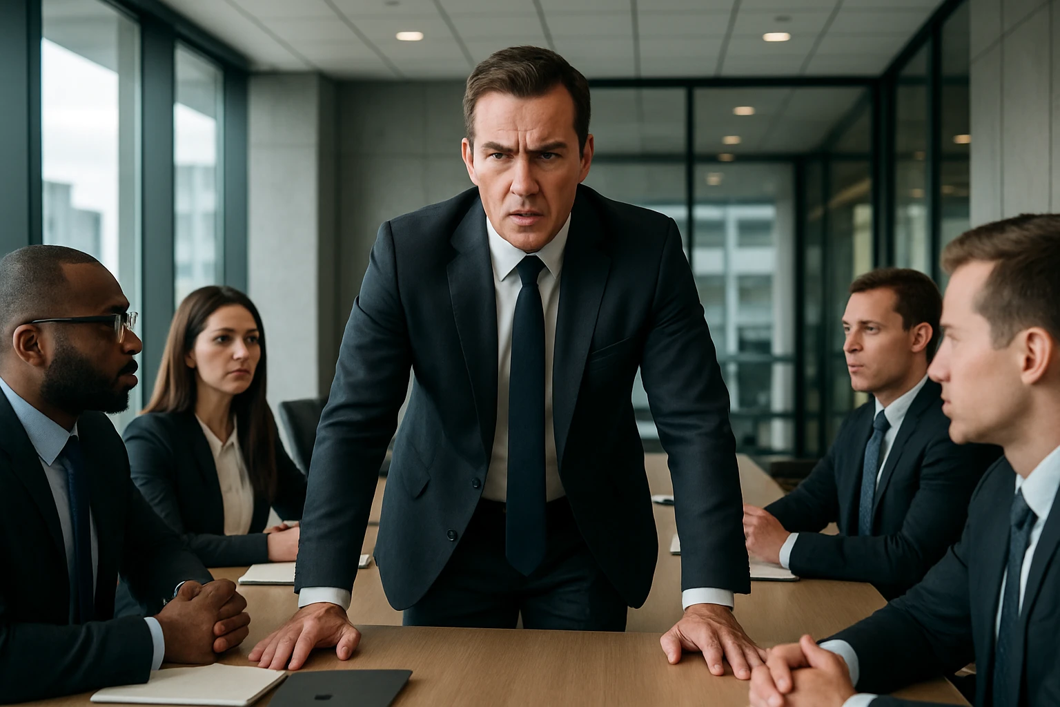 a dominant man leading a meeting in a business setting, assertive expression, business attire, confident and authoritative presence emoji