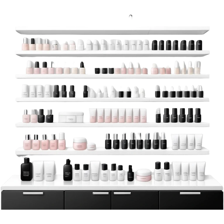 big beauty salon showcase with well-organized brand-labeled beauty products on a white shelves, monochrome emoji