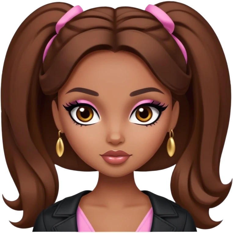 pretty bratz girl, brown hair, dark brown eyes, black eyeliner, brown skin, coquette style, girly emoji