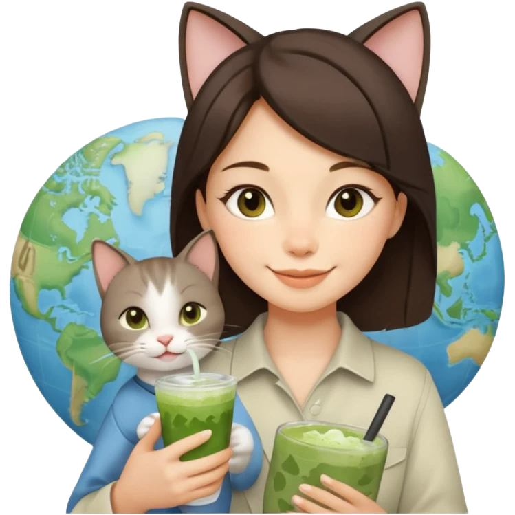 a brunette woman in here 30S drinking an iced matcha, carrying a grey cat and a map of the world emoji