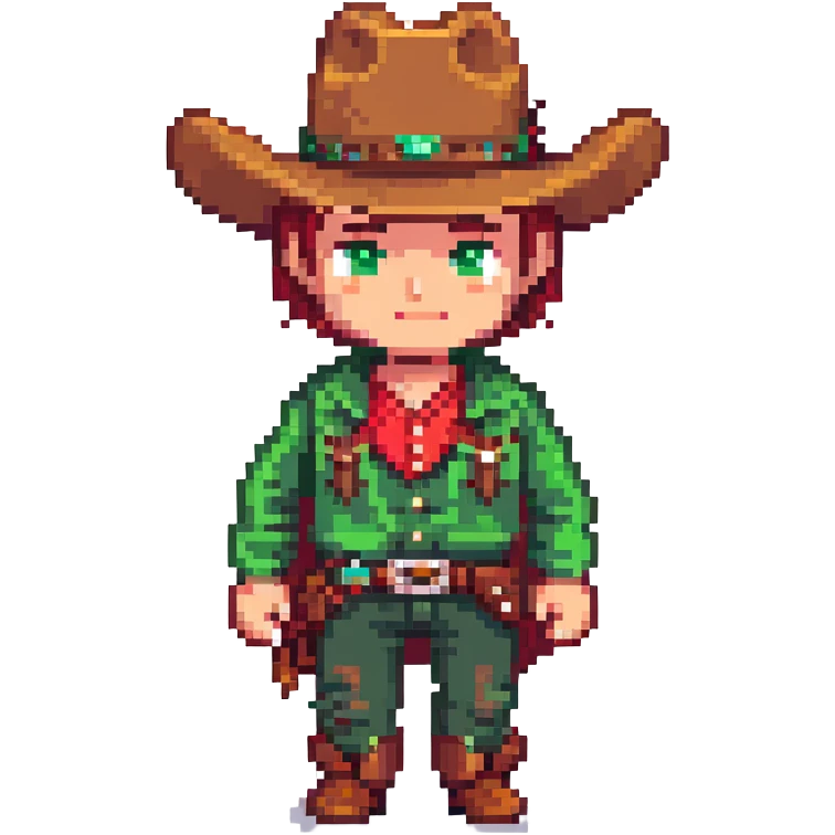 Cowboy character with green outfit and hat, western style emoji