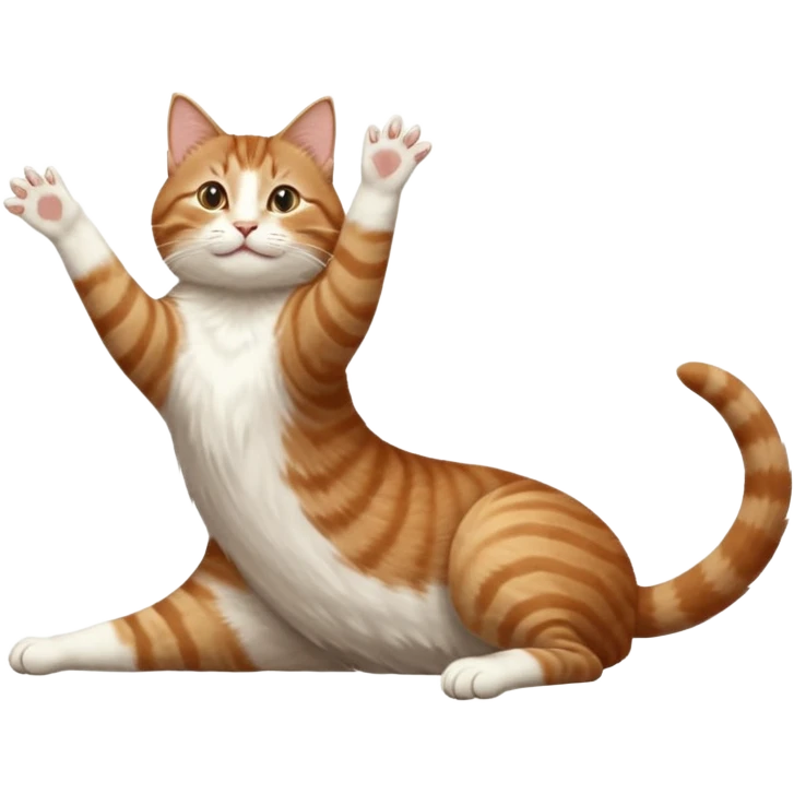 brown tabby and white cat with doing a big extremely long stretch reaching up into the air with arms and legs side by side together straight and overextended whilst lying on its side emoji