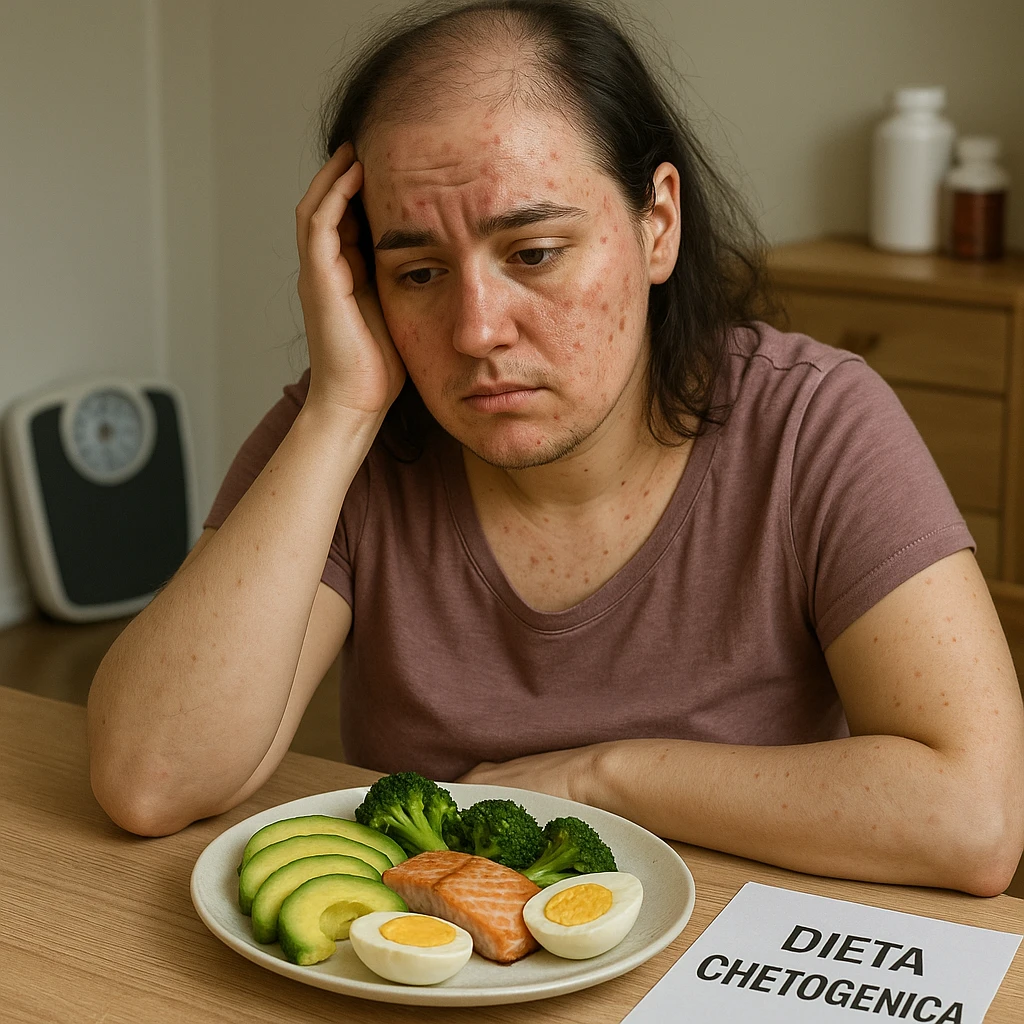 hyperrealistic 4K image of a woman with PCOS sitting at a table, face with acne and chin hair, thinning hair, ketogenic plate in front, hand holding her head, disappointed look, sheet with the text 'DIETA CHETOGENICA', weighing scale and supplements in the background, realistic domestic environment. emoji
