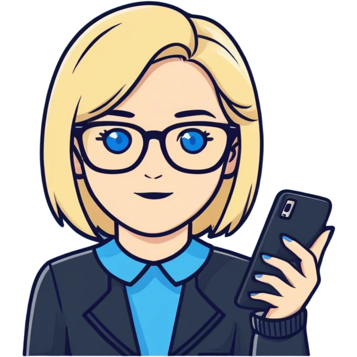 Photo of a white woman with blonde hair, blue eyes and glasses holding a phone emoji