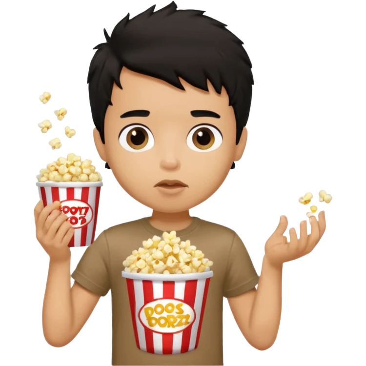 generate a pretty tan bratz boy with a brown tshirt on. eating popcorn. messy black hair emoji