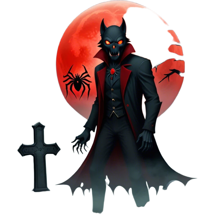 Icon for Horror Movies: A chilling collage with a monstrous werewolf or vampire, dark silhouettes, eerie graveyards, and creepy elements like spiders and tombstones. Ghostly fog surrounds, with a blood-red moon in the sky. The atmosphere is unsettling, eerie, and haunting. Transparent background. emoji