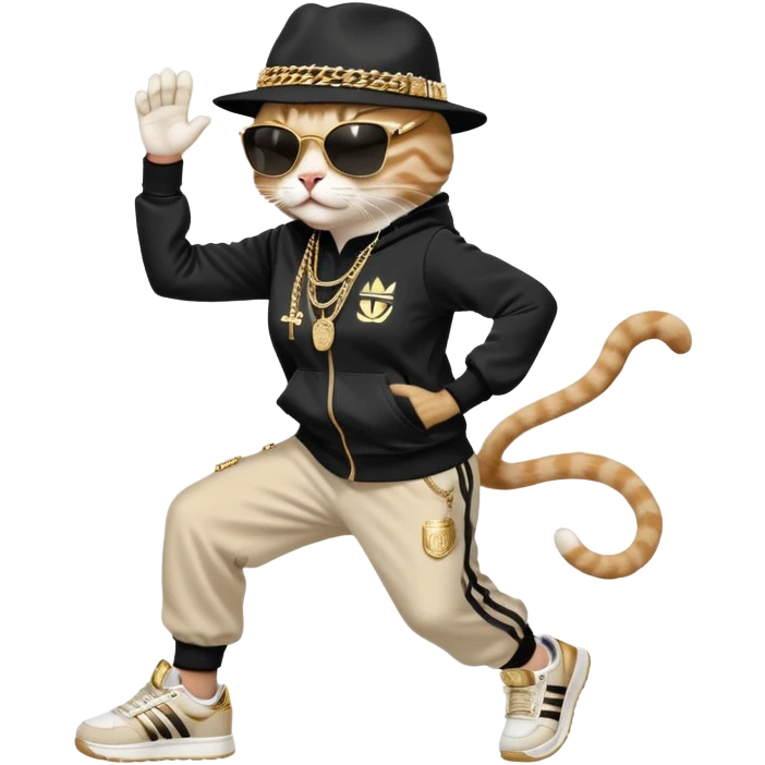 female cat dressed like Run DMC in tracksuit, fedora, Adidas shoes, dark sunglasses, lots of gold chains and bling accessories, break dancing emoji