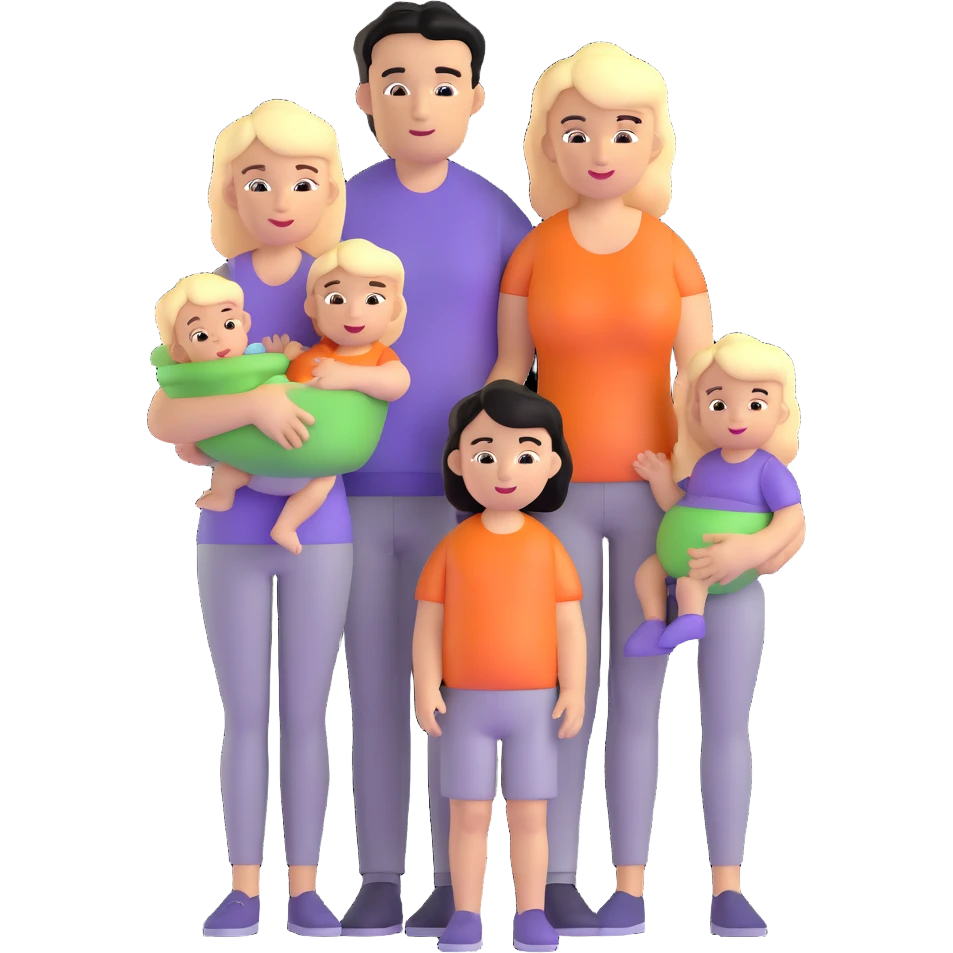 family with blond dad, brunette mom, blonde son, daughter with black hair, and a baby emoji