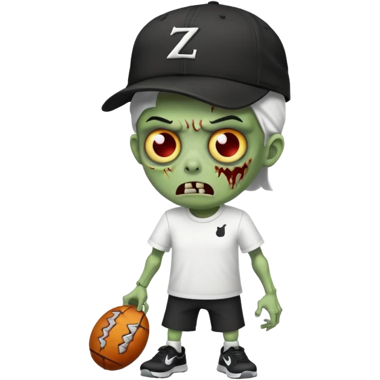 A zombie wearing a white Nike shirt, a black Nike cap, emoji