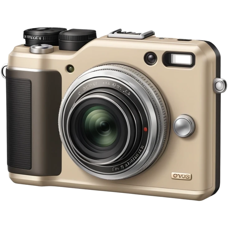 Ultra minimal Olympus Superzoom 70G camera, grayish-beige color, just basic rectangular shape with a tiny circle for lens, absolute minimum details emoji
