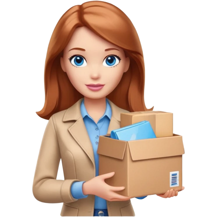 Barbie, eyes are blue, shoulder-length reddish-brown hair, holds a package box, Barbie is wearing beige and brown colored clothes emoji
