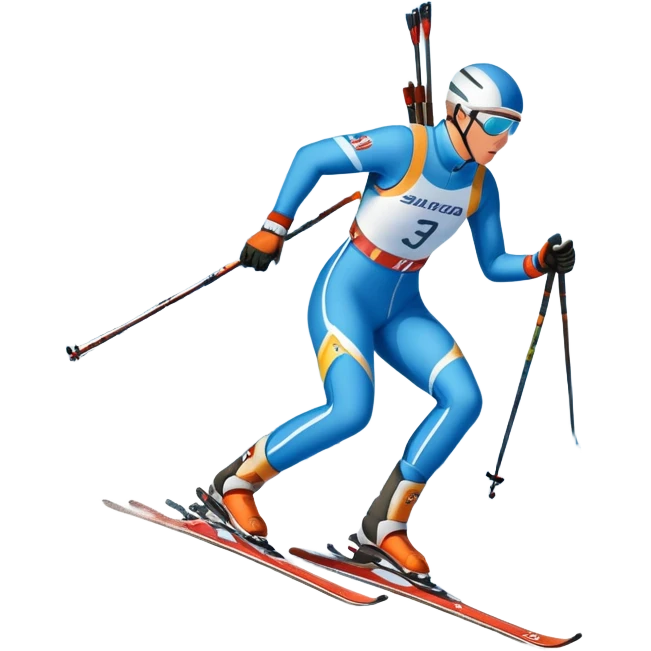 An icon featuring a biathlete in motion, holding a rifle and skiing across a snowy course. The backdrop includes snow-covered trees, distant mountains, and a clear blue sky. Transparent background highlights the precision, endurance, and excitement of biathlon. emoji