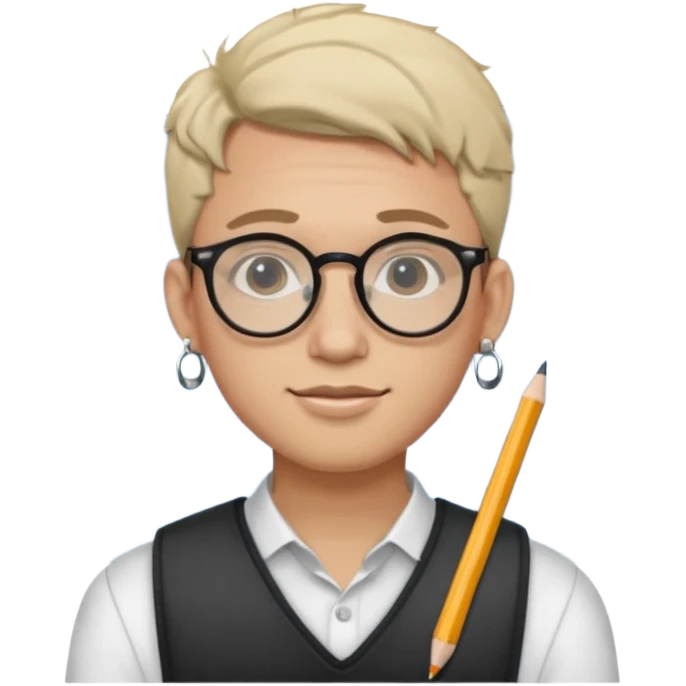 A man in his 20s wearing an apnotebook, wearing radio earrings, round glasses, achromatic clothes emoji