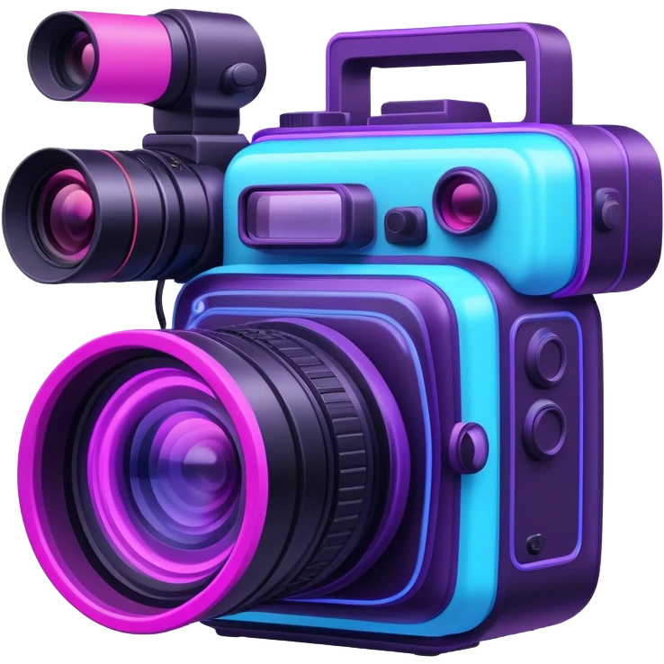 videographer's camera in pink and light blue colors, with neon glow lines, blue neon light on top left, purple neon light on bottom right emoji