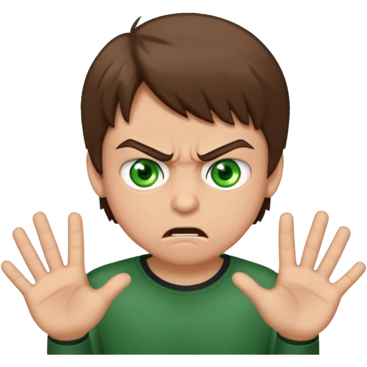 Boy 10 years old, with overgrown brown hair with green eyes, angry, shows fuck emoji