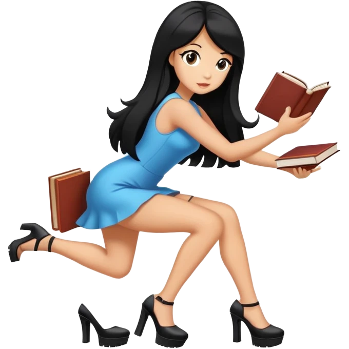 Bimbo walking, platform heels, mini dress, black hair tanned, hot, picking up book from ground, hot,  only book. emoji