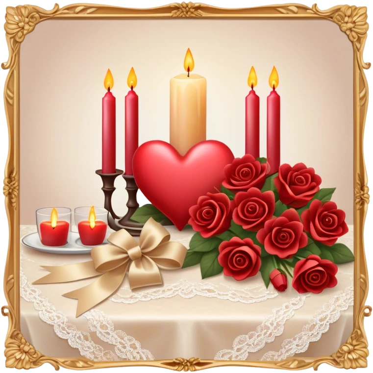 A luxurious evening setting featuring heart-shaped candles, a bouquet of warm-toned flowers, and a silk bow draped over a lace tablecloth.
 emoji