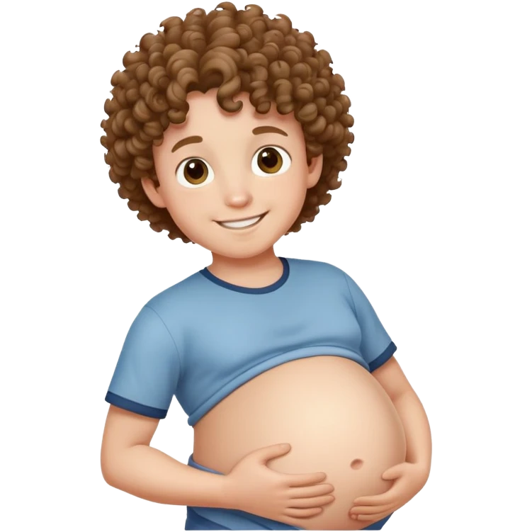 smiling boy with curly hair with a pregnant belly emoji