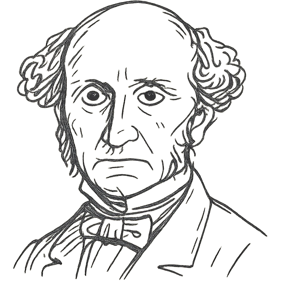 a hand drawn black outline portrait of philosopher John Stuart Mill with similar-sized eyes based a famous portrait of him emoji