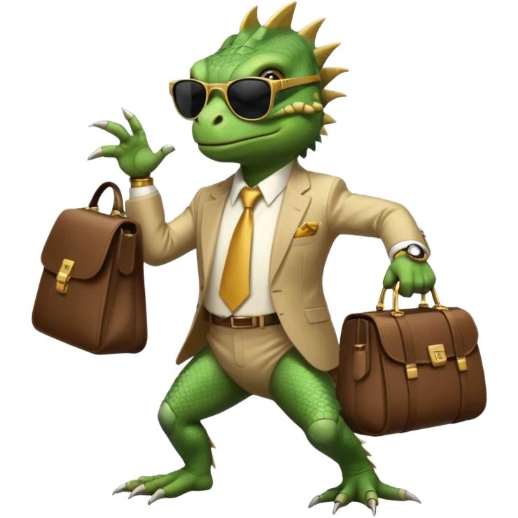 capitalist iguana banker godfather with black sunglasses breakdance with bag emoji
