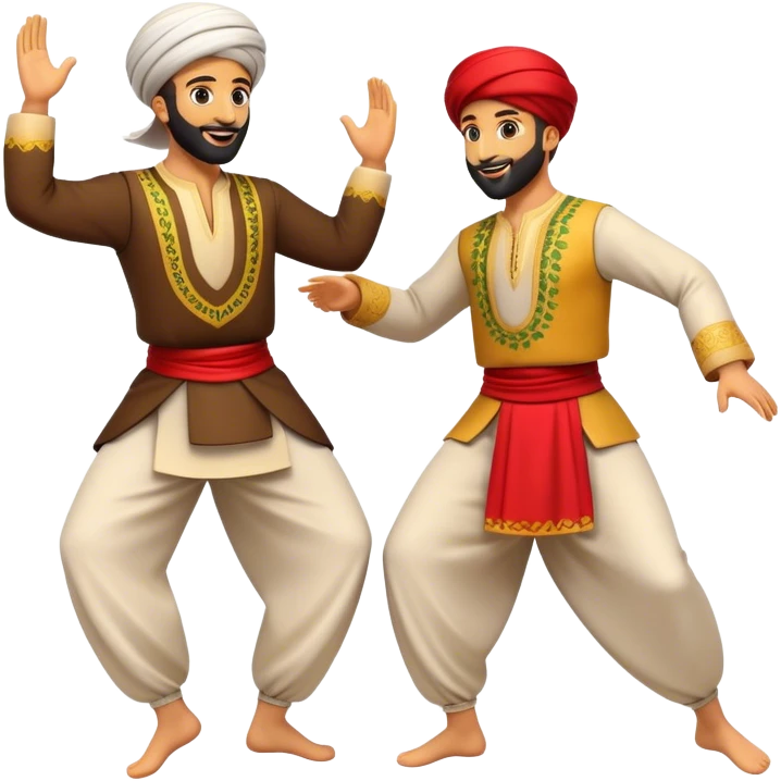 Cinematic Realistic Dabke Dance Emoji, depicted as an energetic traditional Lebanese folk dance with vibrant costumes and rhythmic movements, rendered with dynamic textures and festive natural lighting that captures its communal joy. emoji