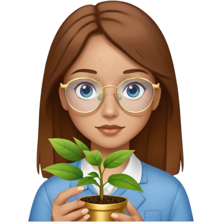 Girl with light skin, brown hair, blue eyes, freckles, and gold glasses holding plant emoji