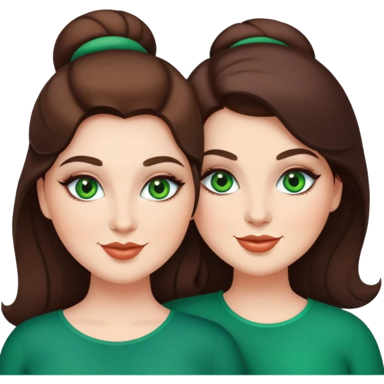 Happy curvy sisters, brunettes, green eyes, makeup emoji
