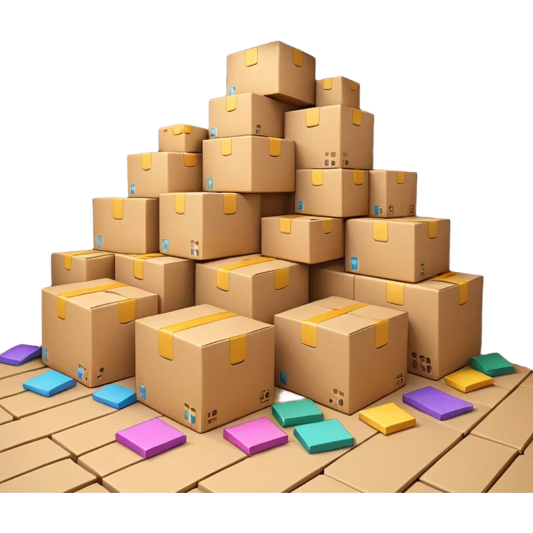 Generate a realistic emoji-style of a overfilled storage room where the packages dont have much space and everything seems chaotic and te packages are falling over emoji