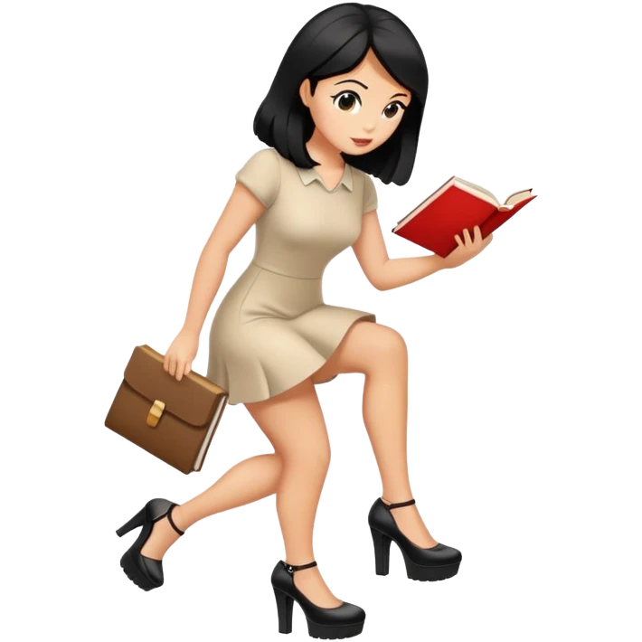 Bimbo walking, platform heels, mini dress, black hair tanned, hot, picking up book from ground, hot  emoji