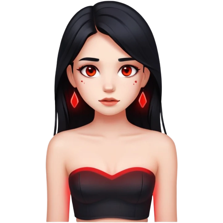 Girl with black hair with red underlights and frontlights hair. Long hair. Black strapless crop top. Very elegant. Skinny face with birthmark under left cheek. emoji