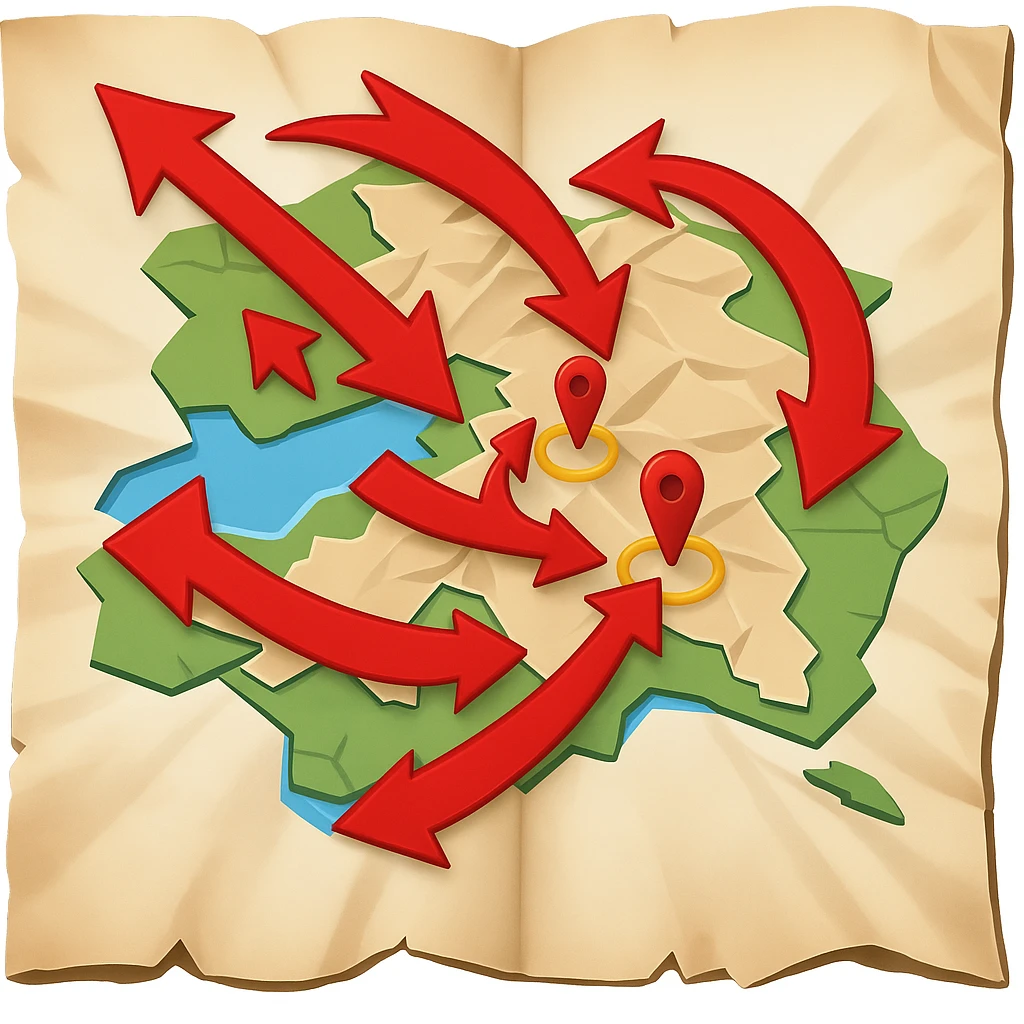 Add bold red arrows to the map, indicating an upcoming offensive attack strategy. Keep the emoji style and all original details. emoji