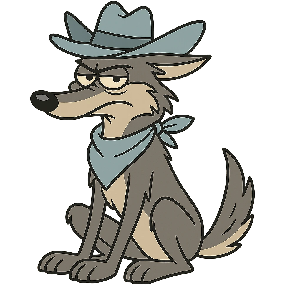 grey coyote, less anthropomorphic, light blue cowboy hat, light blue neckerchief, sitting, flat toon style emoji