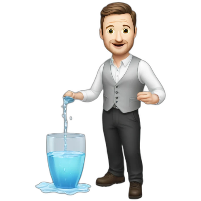 tim robinson dark black slicked back hair white long sleeve shirt with a light grey vest pouring water on a steak emoji