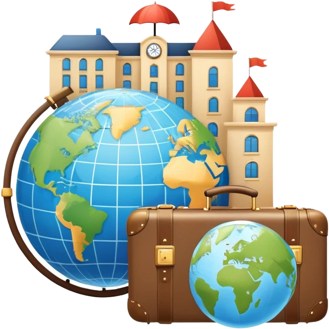 An icon featuring a suitcase, a globe, and a hotel building, symbolizing tourism and hospitality studies. The design includes a map and compass, representing travel research and industry analysis. Transparent background emoji