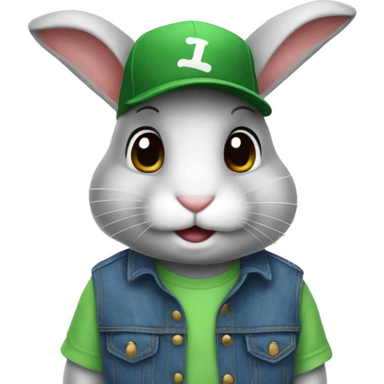 Rabbit wearing denim overall and green baseball cap emoji