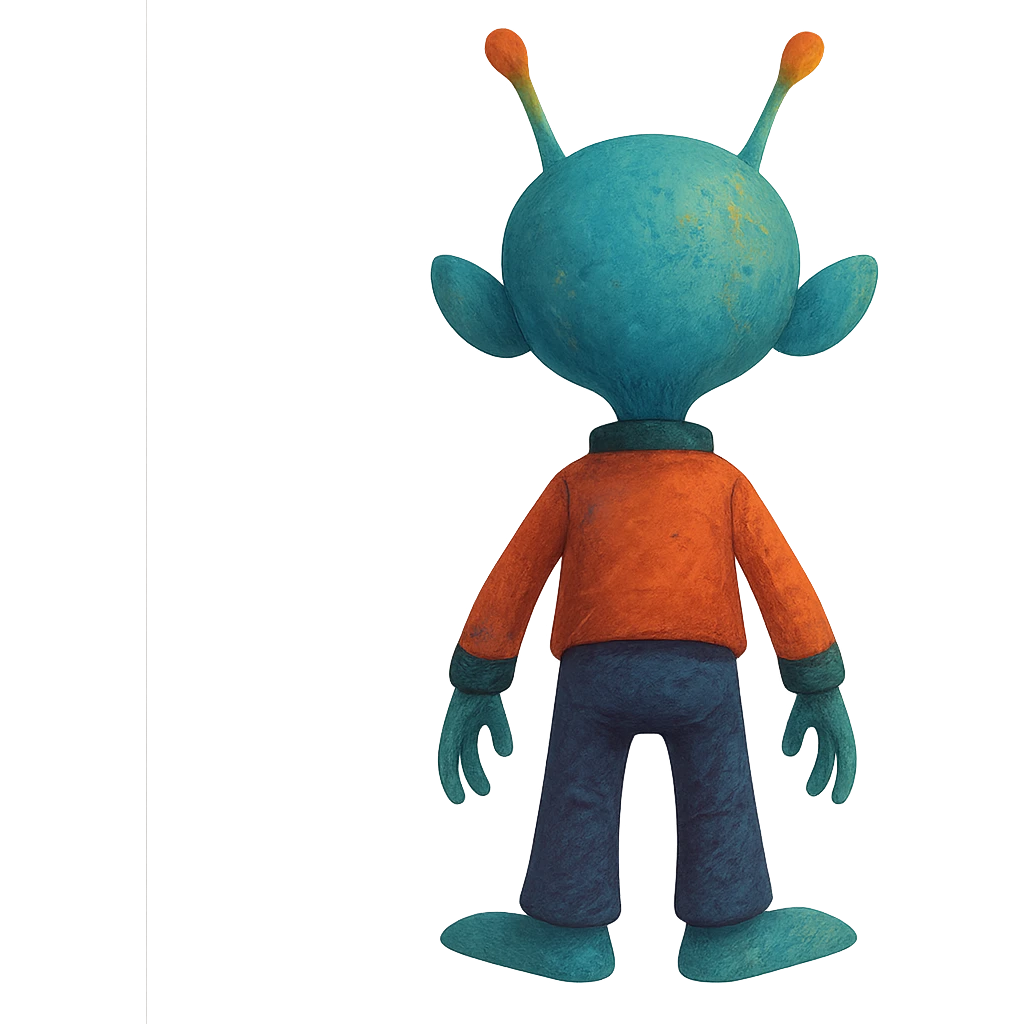 alien character, seen from behind, creative design, imaginative style, stylized illustration, rear view, back view emoji