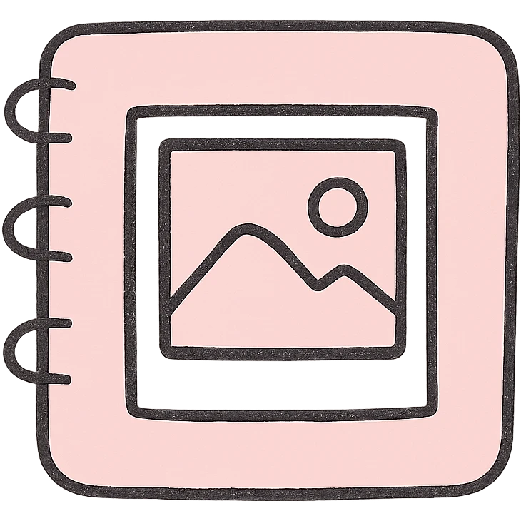 soft and cute gallery photo album icon, pink theme, Japanese hand-drawn style, transparent background, for mobile home screen emoji