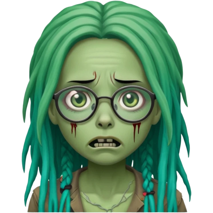 One female green-skinned, zombie with glasses, with ombre black & teal long dreadlocks and a worried expression with a small wound near its mouth. emoji