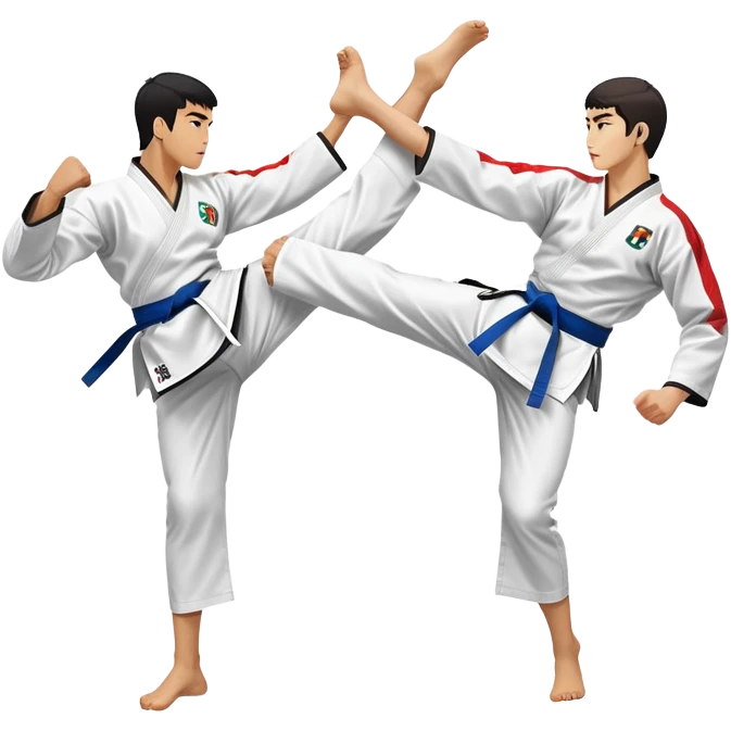 Two taekwondo fighters in a competition arena, one performing a high spinning kick towards the opponent’s head, while the other blocks with a precise guard. The background features a dynamic, bright arena with flags, emphasizing speed and agility in the martial art. Transparent background  emoji