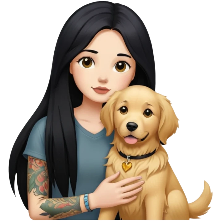 girl with long black  straight hair and tattoos and  a golden retriever emoji