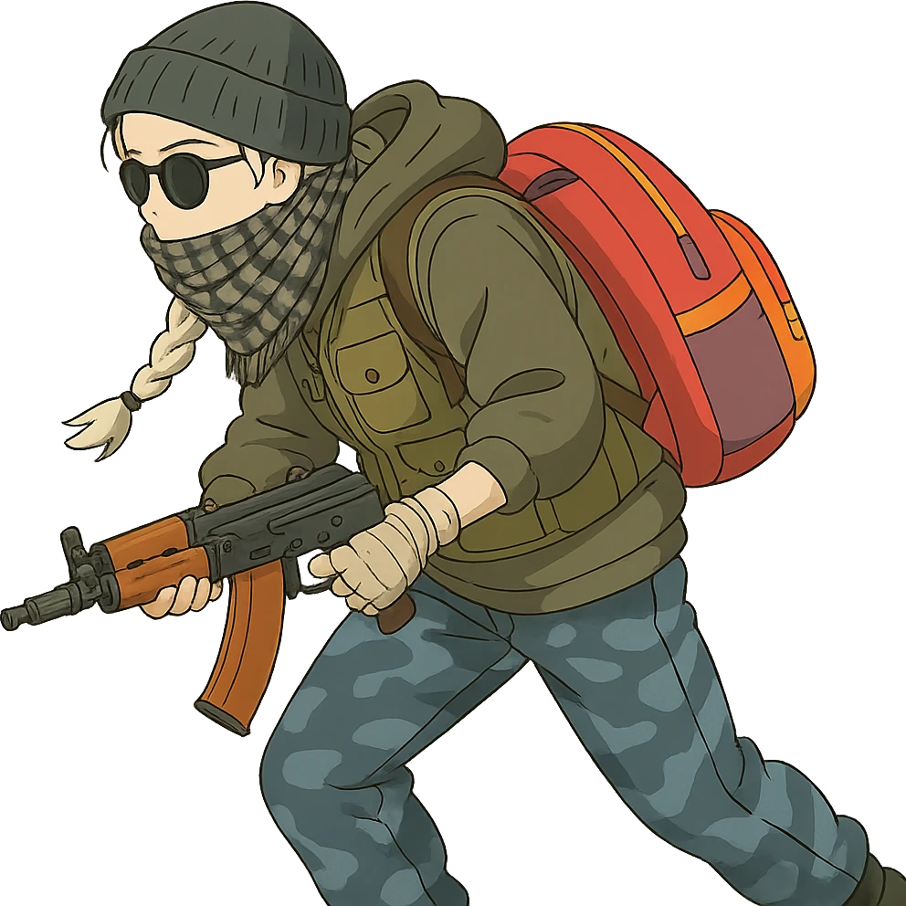 1 female, long white braid, knit cap, dark sunglasses, shemegh neckwrap, fishing vest, vibrant shool backpack, drab hoodie, handwraps, blue camo pants, AKS-74U, hunched over, on the move emoji