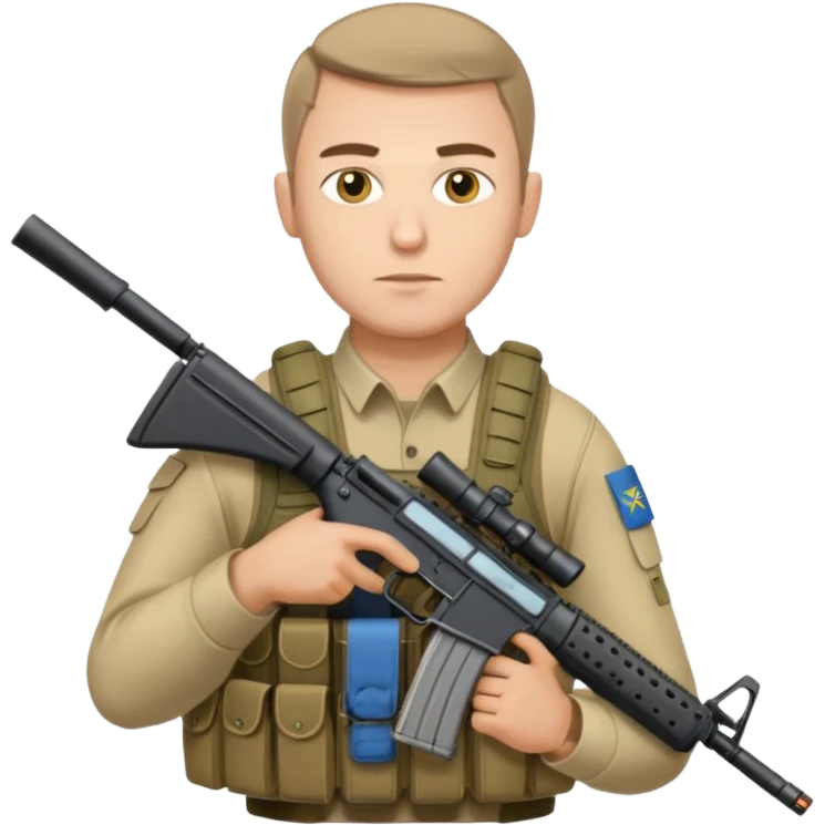 Ukrainian intelligance agency warrior man in platecarrier with nato riffle and ukrainian gerb emoji