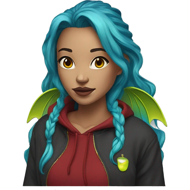 Lady with brunette and iridescent blue hair, gold, lime green dragon wings, maroon hoodie, 420, black and gold Nike t shirt, and bright red eyes emoji