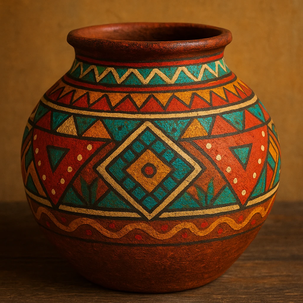 a traditional clay pot with painted geometric patterns, folk art style emoji