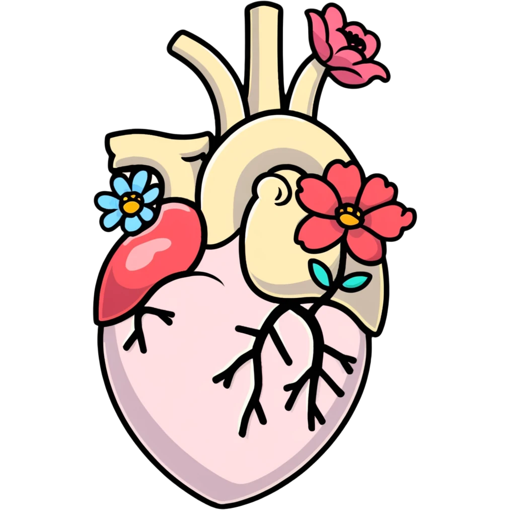 anatomical heart with flowers, cartoonish sticker style emoji