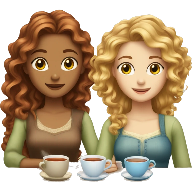 Three fair-skinned girls, a blonde with curly hair and gray eyes, a redhead with green eyes and long hair and a brown-haired woman with long hair and blue eyes are drinking tea emoji
