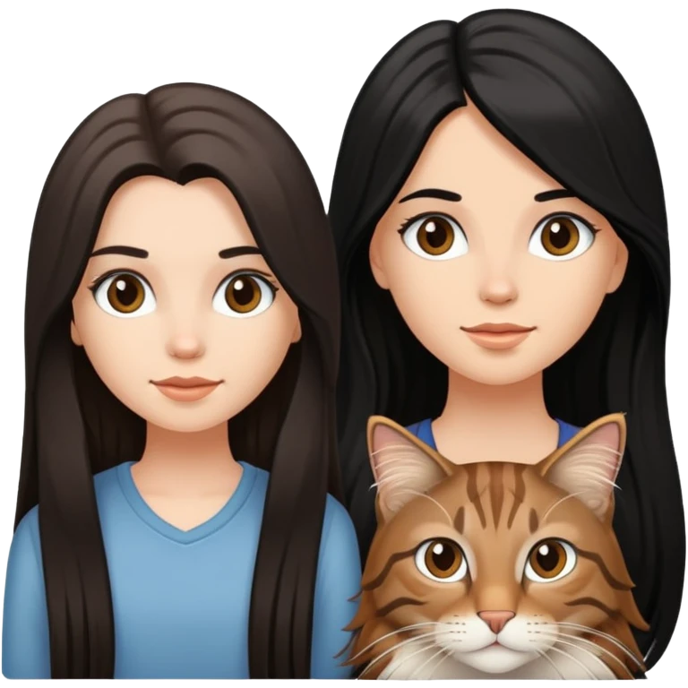 A beautiful white girl with long black hair and  a brown long haired tabby emoji