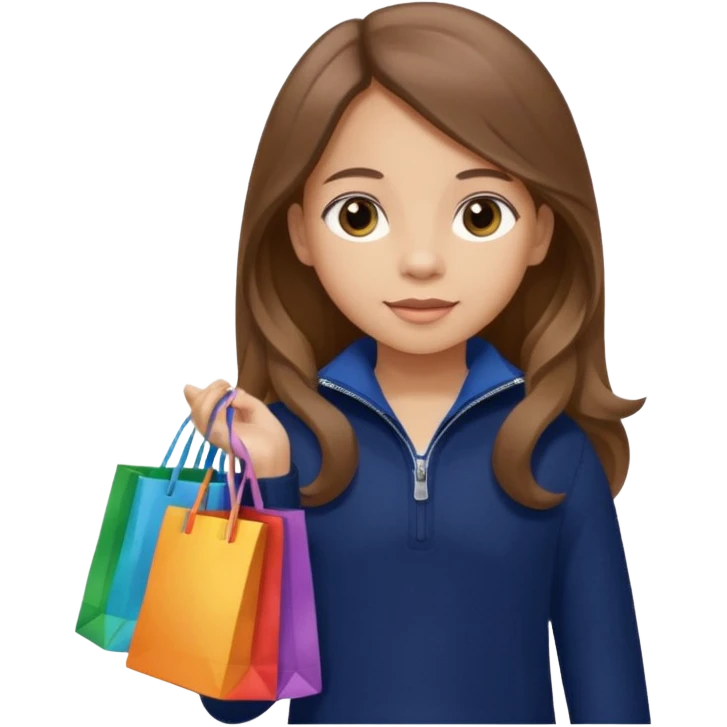 A little girl (he usually calls her baby), who is obsessed with shopping and luxury brands and holds a dozen of bags, she wears navy blue half zip sweater and holds 10 bags and she has long brown hair  emoji