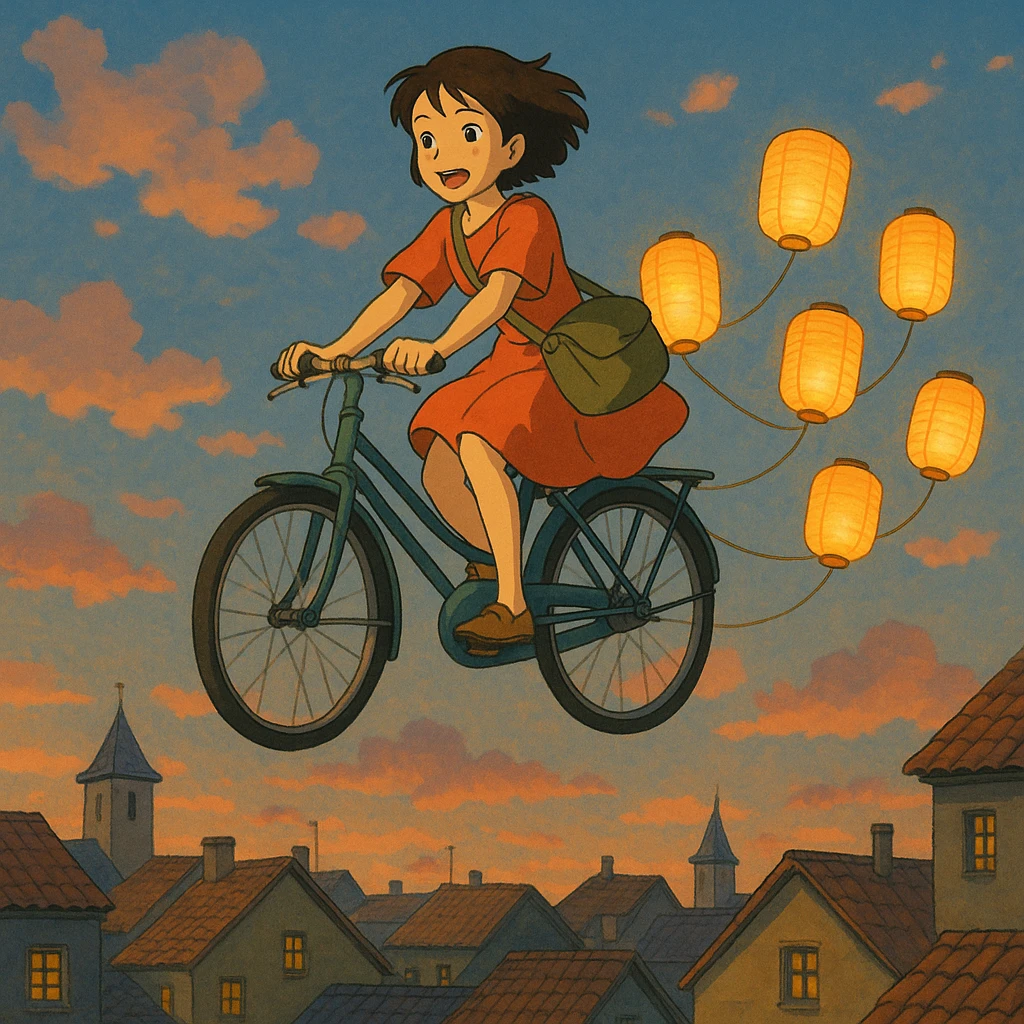 A girl riding a floating bike above the rooftops, with paper lanterns trailing behind.

 emoji